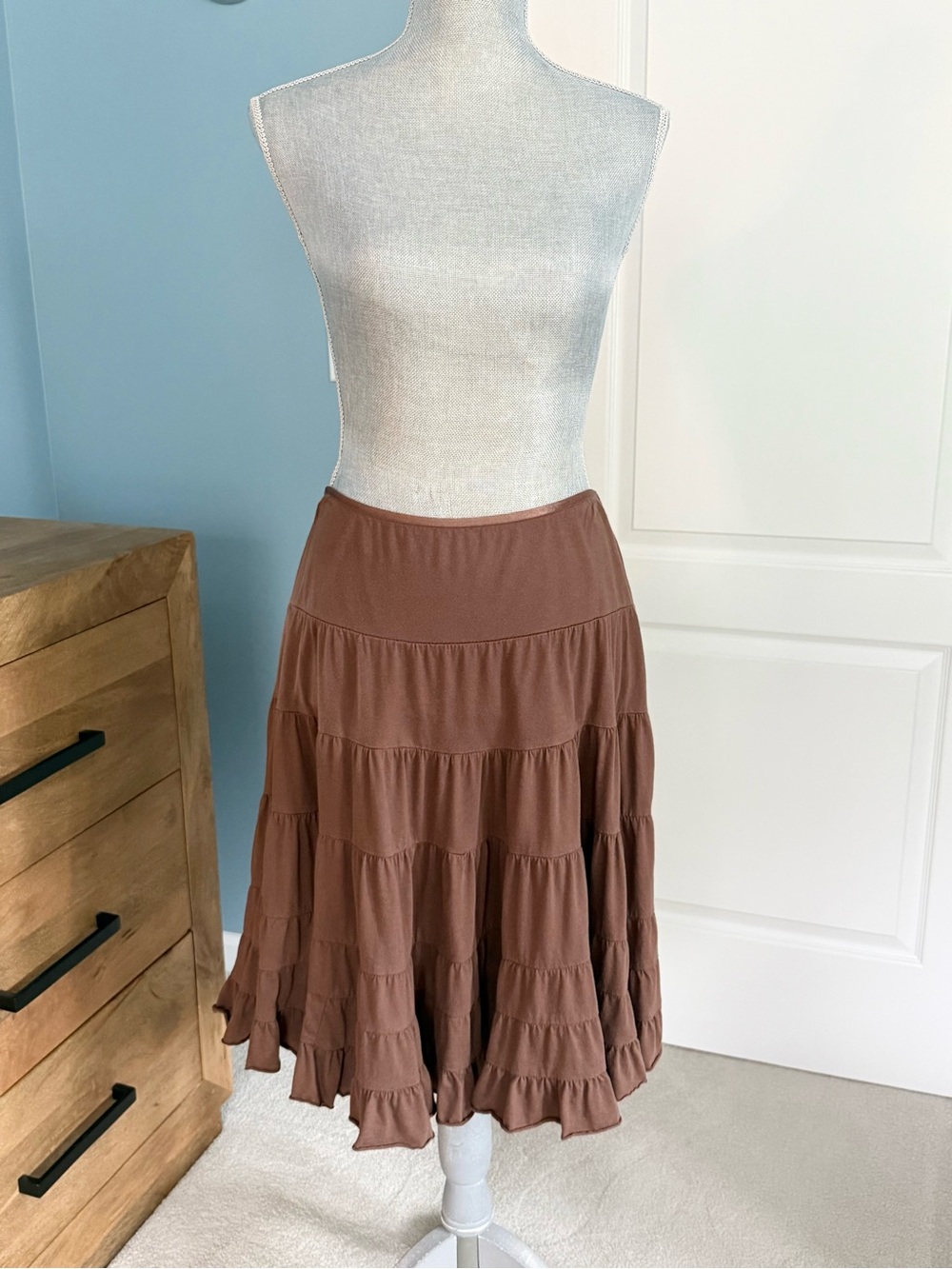 The Limited Brown Boho Ruffled Full Knee Length Skirt, sz L